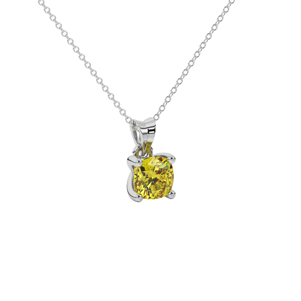 Yellow cushion cut gemstone pendant with accent diamonds in yellow gold basket setting