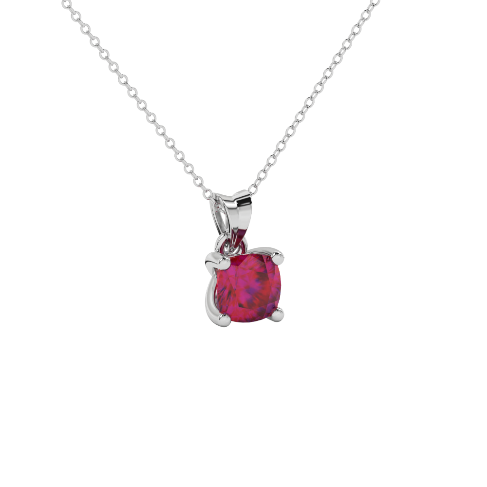 Red cushion cut gemstone pendant with accent diamonds in white gold basket setting