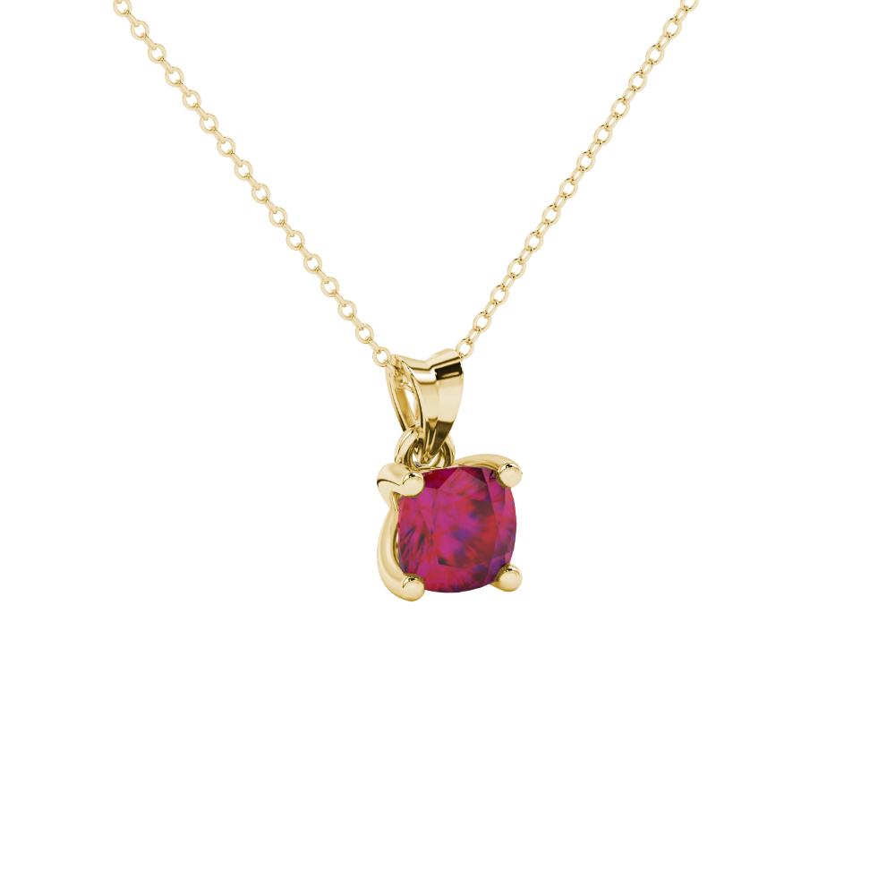 Red cushion cut gemstone pendant with accent diamonds in white gold basket setting