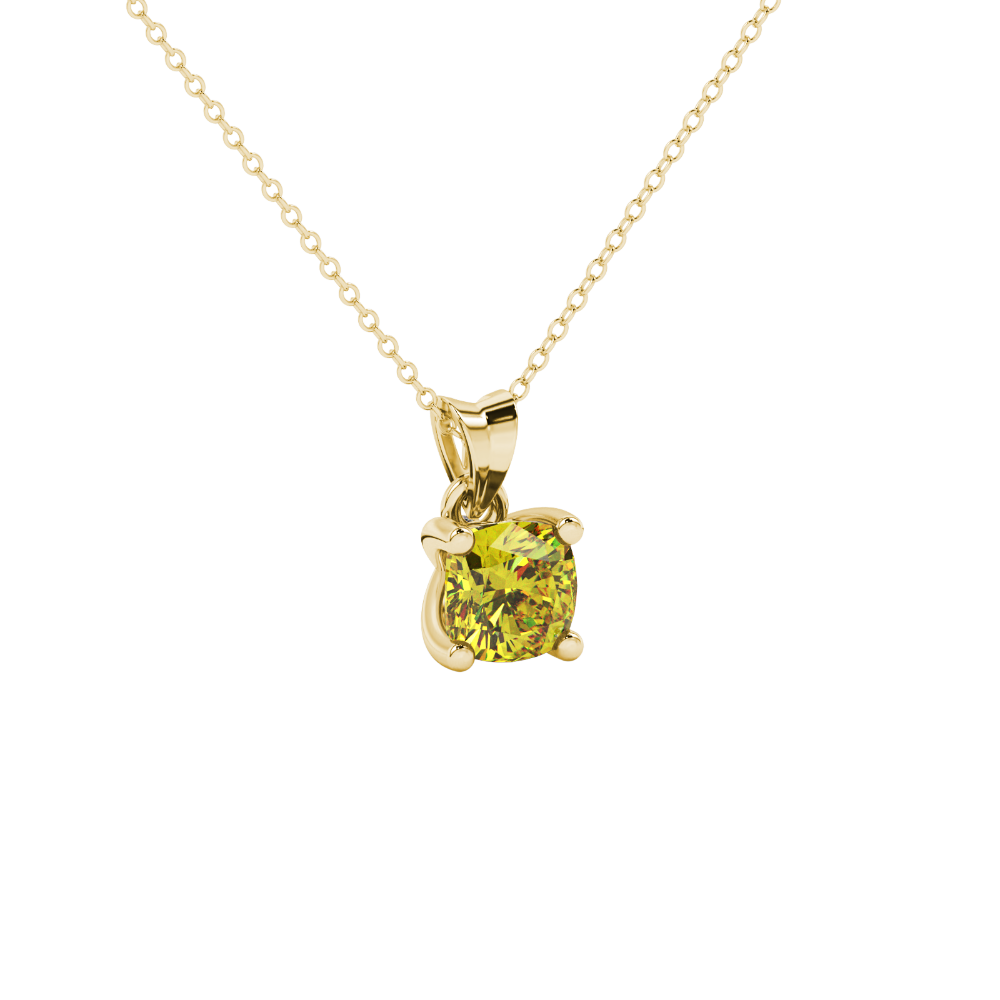 Yellow cushion cut gemstone pendant with accent diamonds in yellow gold basket setting