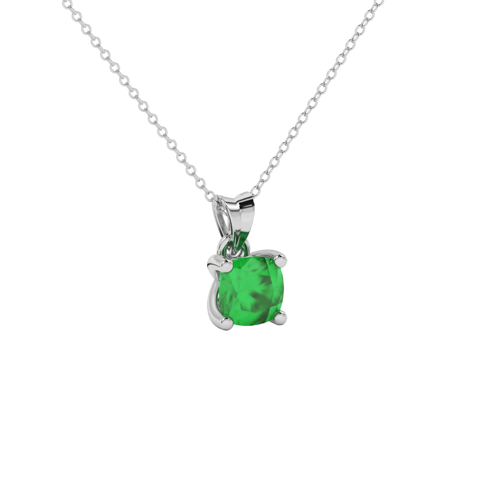 Green cushion cut gemstone pendant with accent diamonds in white gold basket setting