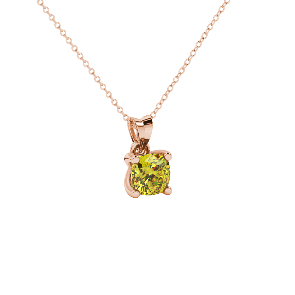 Yellow cushion cut gemstone pendant with accent diamonds in yellow gold basket setting