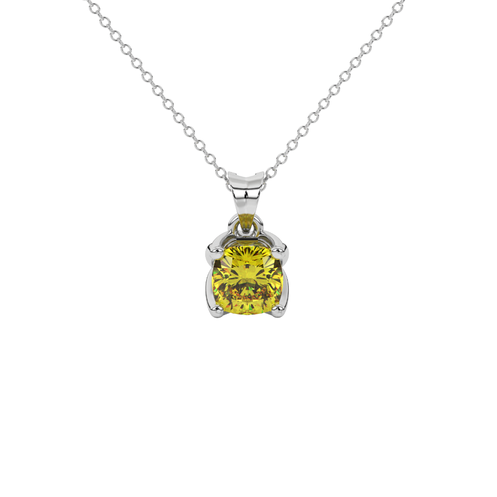Yellow cushion cut solitaire pendant with tulip basket setting in rose gold
