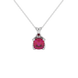 Red cushion cut solitaire pendant with tulip basket setting in rose gold