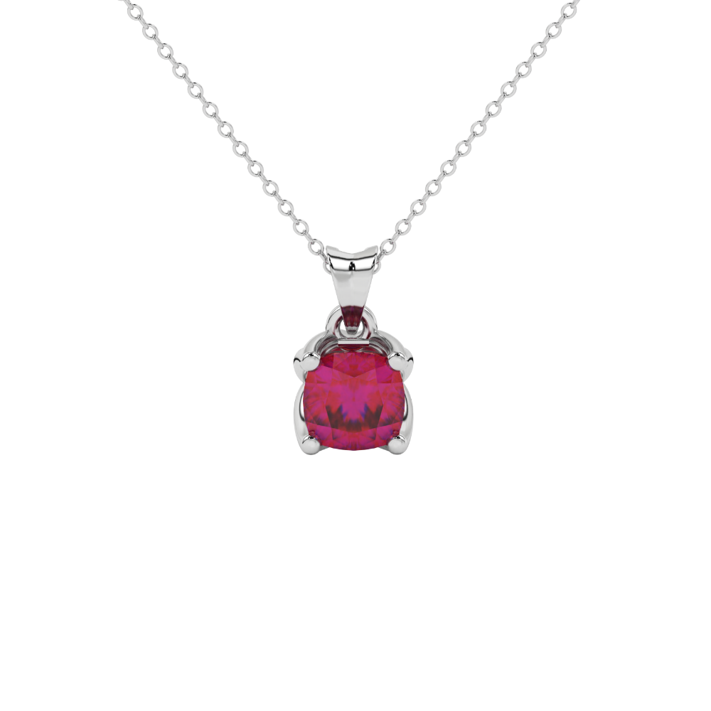 Red cushion cut solitaire pendant with tulip basket setting in rose gold
