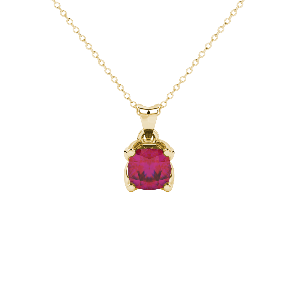 Red cushion cut solitaire pendant with tulip basket setting in rose gold