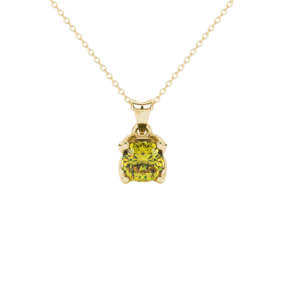 Yellow cushion cut solitaire pendant with tulip basket setting in rose gold