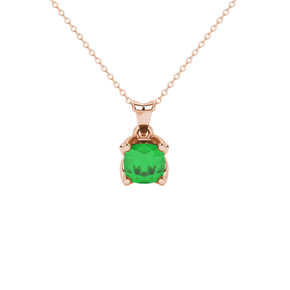 Green cushion cut solitaire pendant with tulip basket setting in rose gold