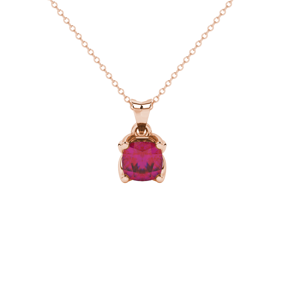 Red cushion cut solitaire pendant with tulip basket setting in rose gold