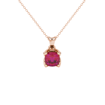 Red cushion cut solitaire pendant with tulip basket setting in rose gold