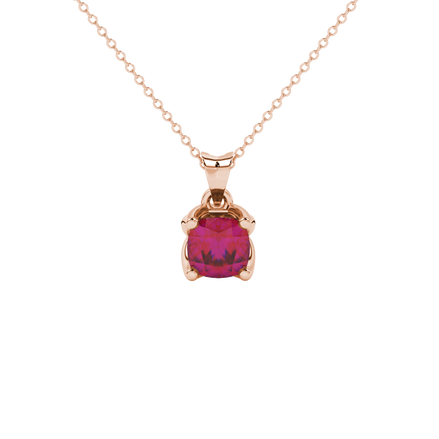 Red cushion cut solitaire pendant with tulip basket setting in rose gold