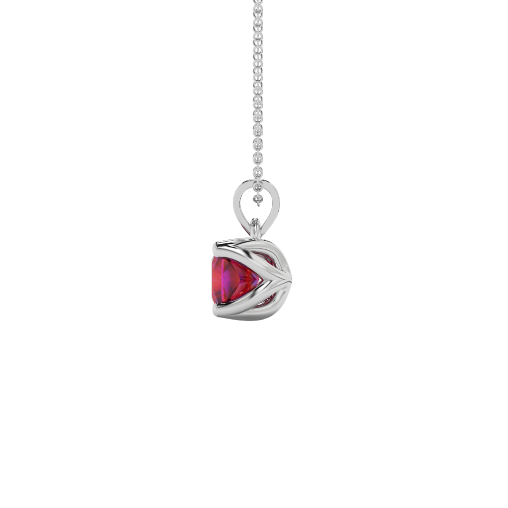 Red cushion cut solitaire pendant with tulip basket setting in rose gold