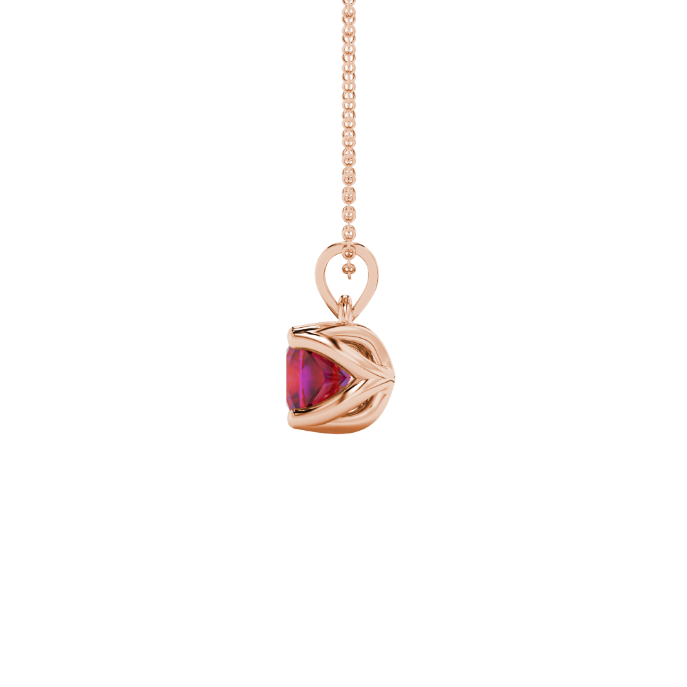 Red cushion cut solitaire pendant with tulip basket setting in rose gold
