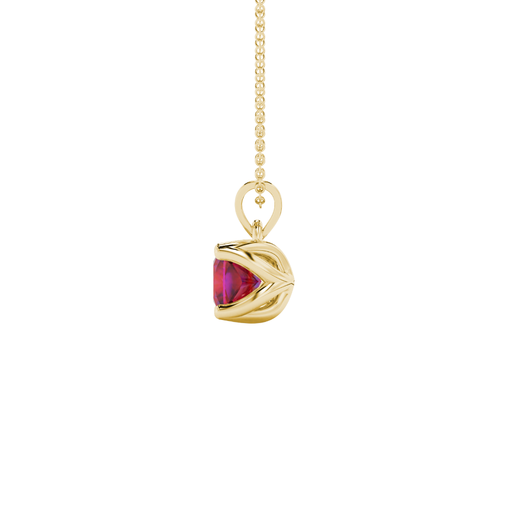 Red cushion cut solitaire pendant with tulip basket setting in rose gold