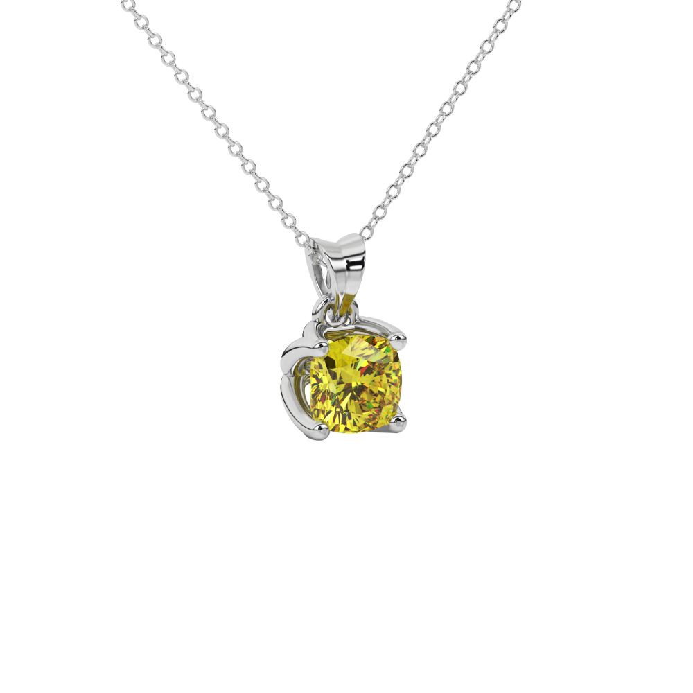 Yellow cushion cut solitaire pendant with tulip basket setting in rose gold
