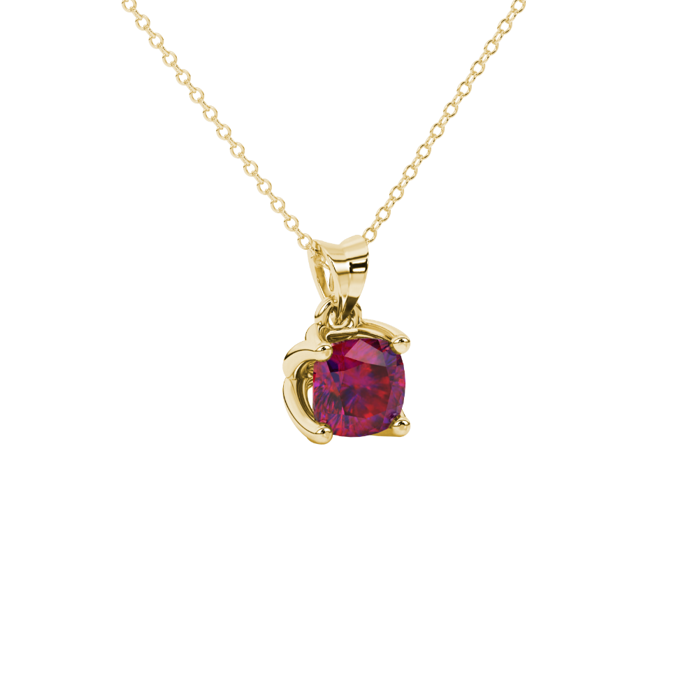 Red cushion cut solitaire pendant with tulip basket setting in rose gold