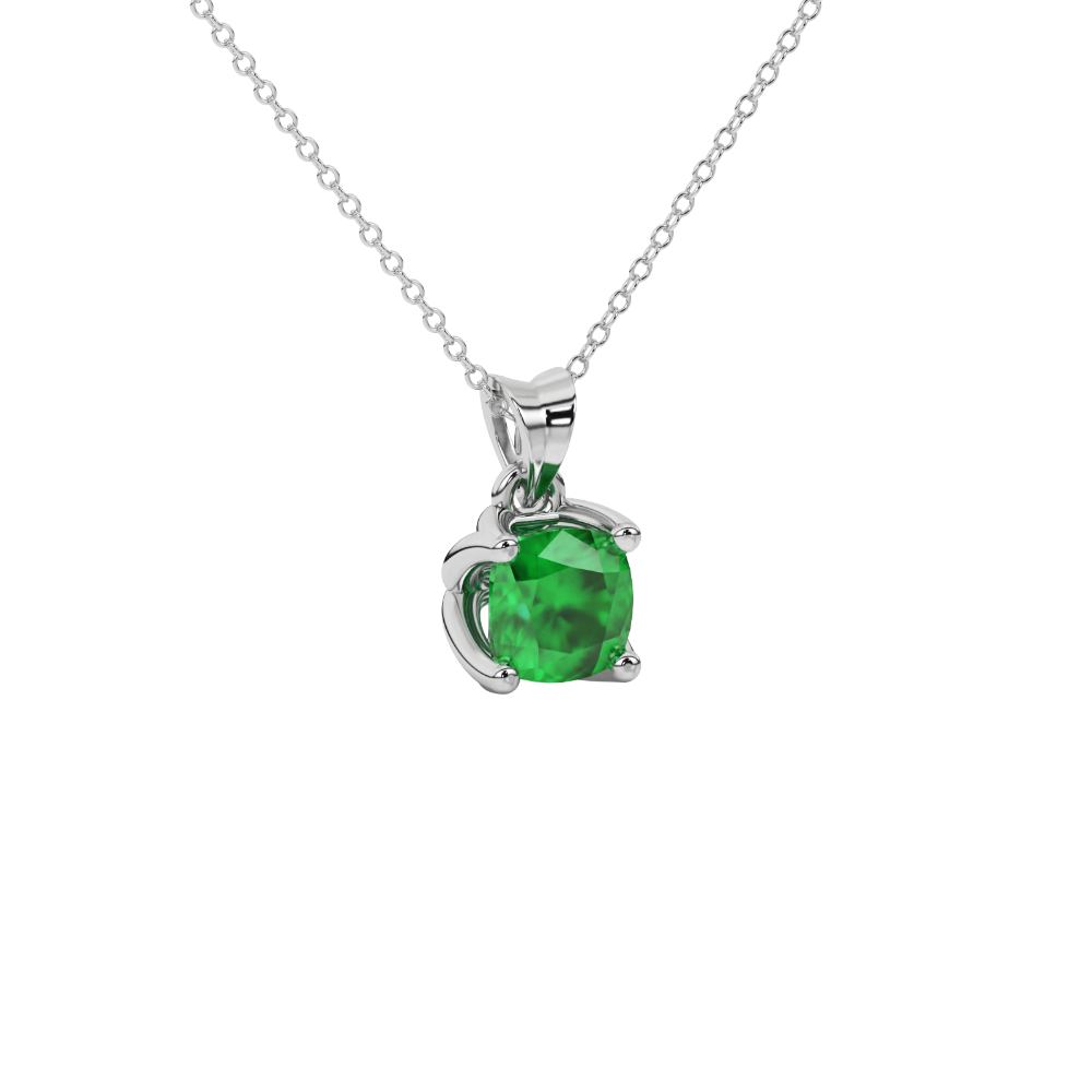 Green cushion cut solitaire pendant with tulip basket setting in rose gold
