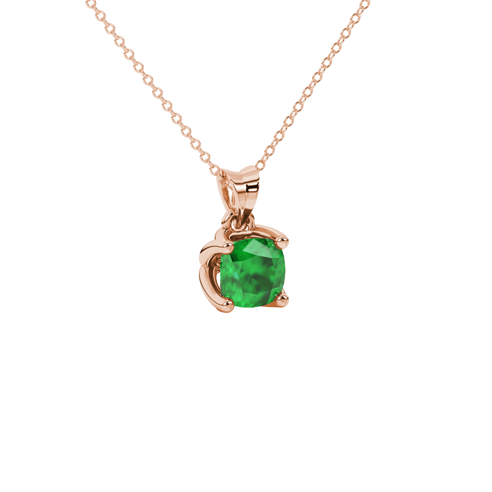 Green cushion cut solitaire pendant with tulip basket setting in rose gold
