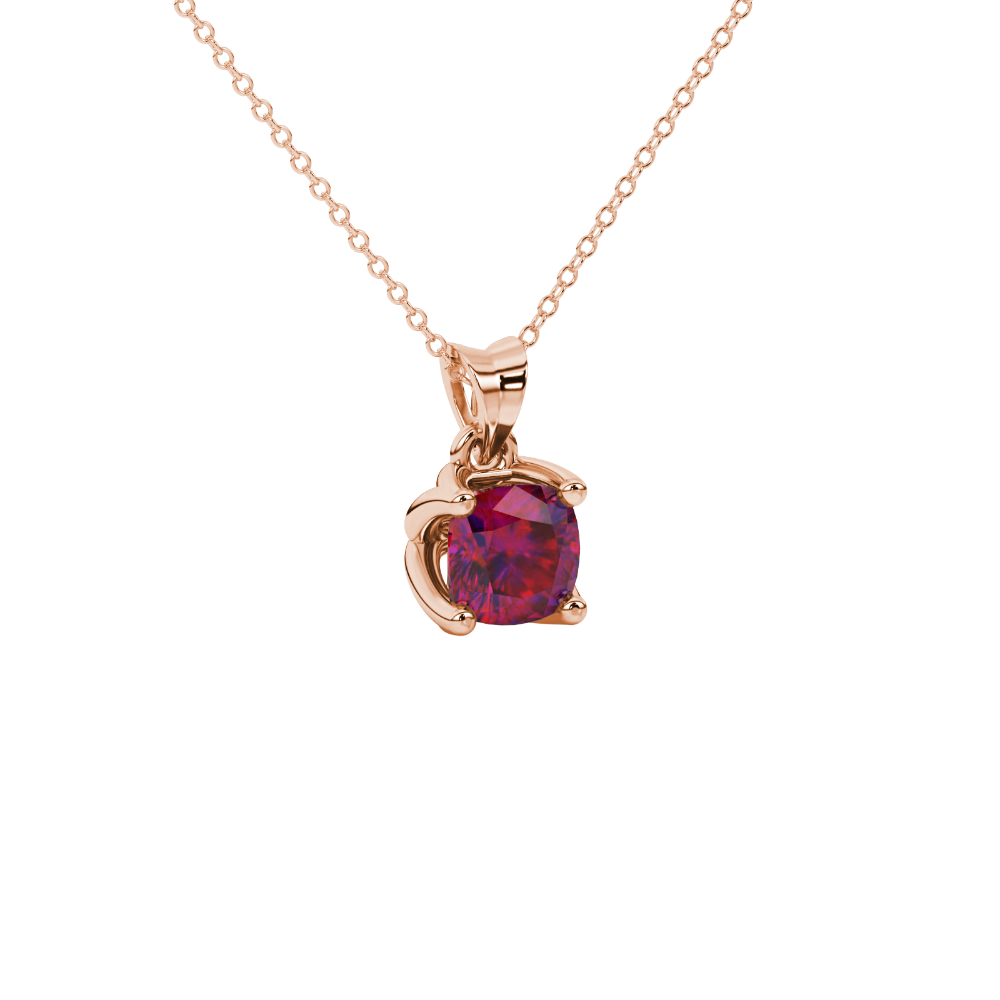 Red cushion cut solitaire pendant with tulip basket setting in rose gold