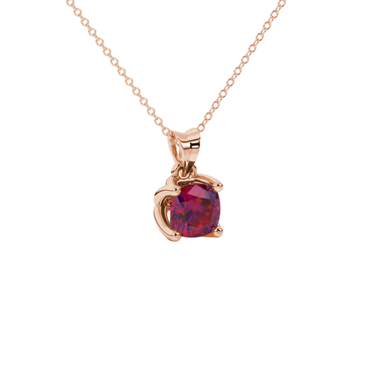 Red cushion cut solitaire pendant with tulip basket setting in rose gold