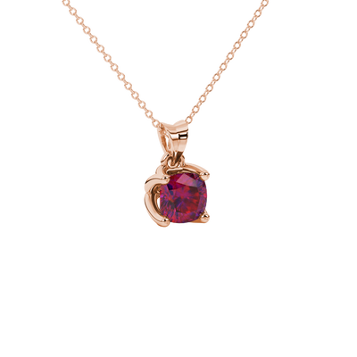 Red cushion cut solitaire pendant with tulip basket setting in rose gold