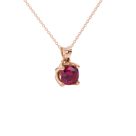 Red cushion cut solitaire pendant with tulip basket setting in rose gold
