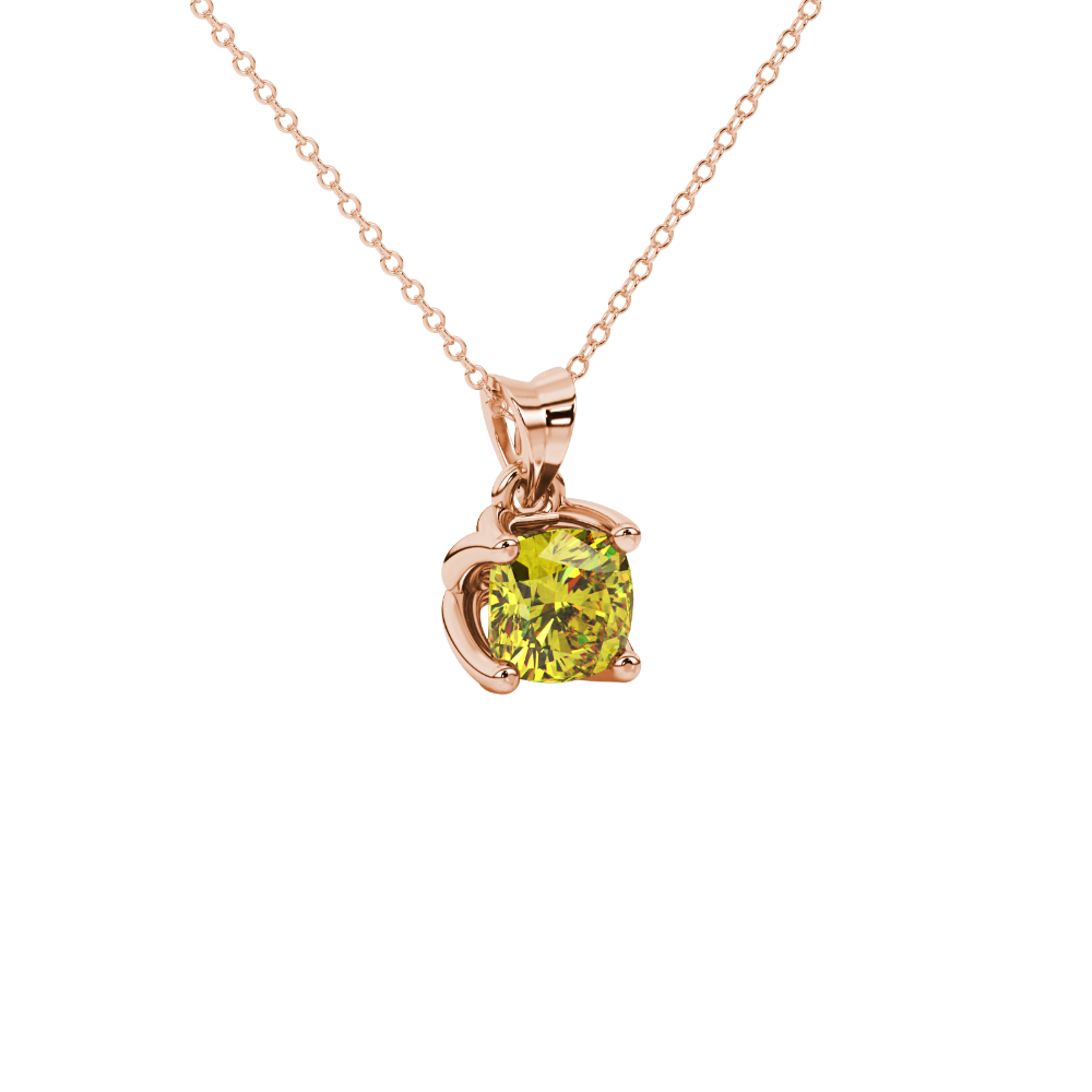 Yellow cushion cut solitaire pendant with tulip basket setting in rose gold