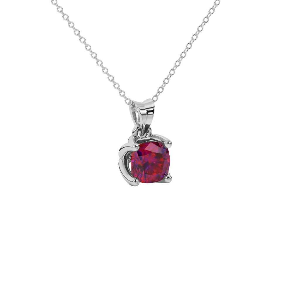 Red cushion cut solitaire pendant with tulip basket setting in rose gold