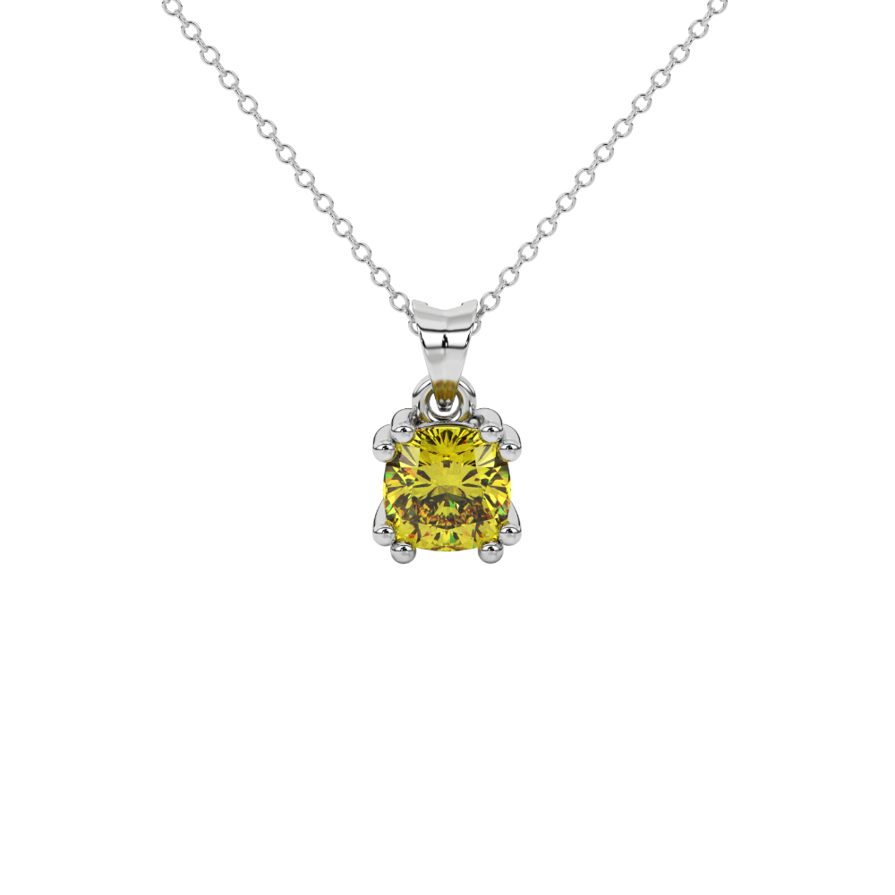 Yellow cushion cut gemstone pendant in floral crown gold setting