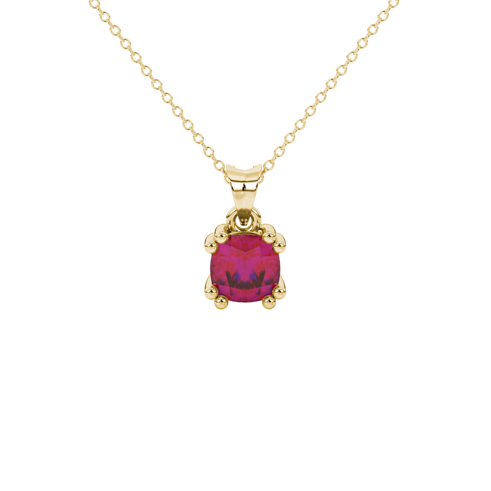 Red cushion cut gemstone pendant in floral crown gold setting