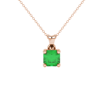 Radiant-cut emerald green gemstone pendant in a rose gold four-prong setting.