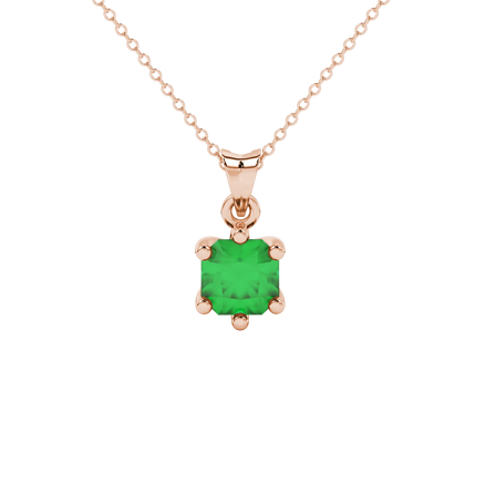 Radiant-cut emerald green gemstone pendant in a rose gold six-prong setting.
