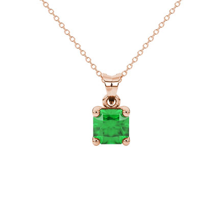 Radiant-cut emerald green gemstone pendant in a rose gold classic basket setting.