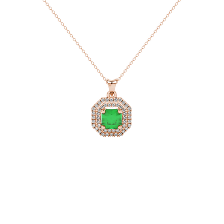 Radiant-cut emerald green gemstone pendant in a rose gold falling edge halo setting
