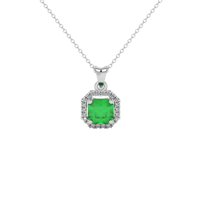Radiant-cut emerald green gemstone stud earrings in a white gold french pavé halo setting.