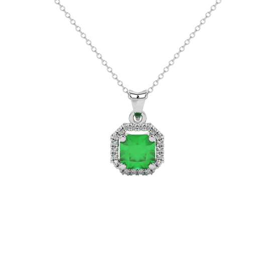 Radiant-cut emerald green gemstone stud earrings in a white gold french pavé halo setting.