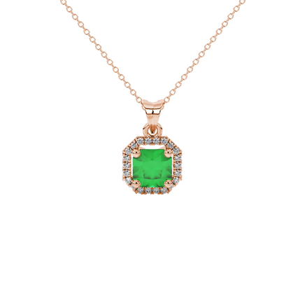 Radiant-cut emerald green gemstone stud earrings in a rose gold french pavé halo setting.