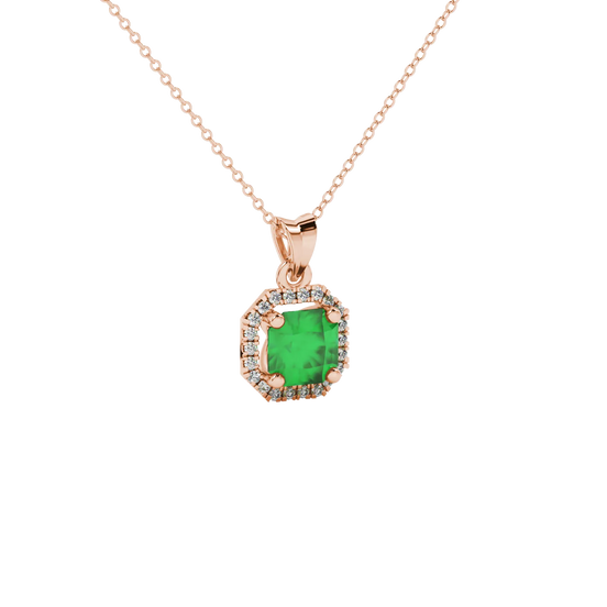 close-up shot of radiant-cut emerald green gemstone stud earrings with a rose gold french pavé halo gallery.