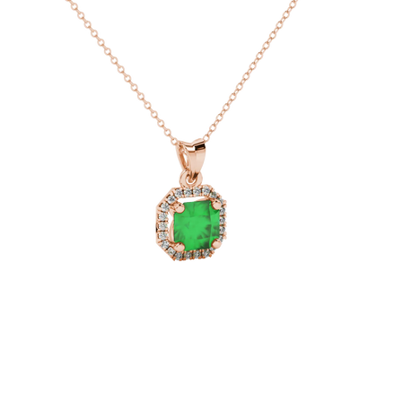 close-up shot of radiant-cut emerald green gemstone stud earrings with a rose gold french pavé halo gallery.