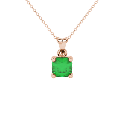 Radiant-cut emerald green gemstone pendant in a rose gold lotus basket setting