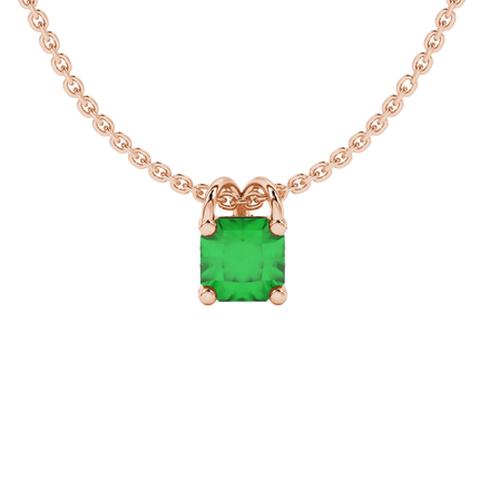 Radiant-cut emerald green gemstone pendant in a rose gold pavé basket setting.