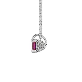 Side view of a white gold raspberry red gemstone pendant featuring a clean pavé basket gallery.