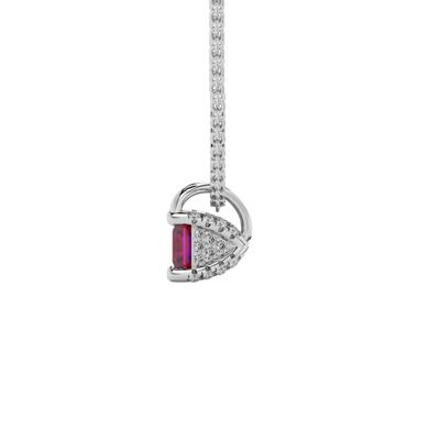 Side view of a white gold raspberry red gemstone pendant featuring a clean pavé basket gallery.