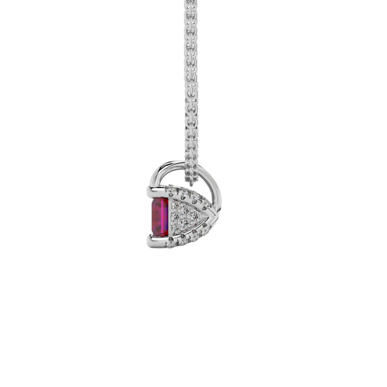 Side view of a white gold raspberry red gemstone pendant featuring a clean pavé basket gallery.
