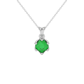 Radiant-cut emerald green gemstone pendant in a white gold scalloped six-prong setting