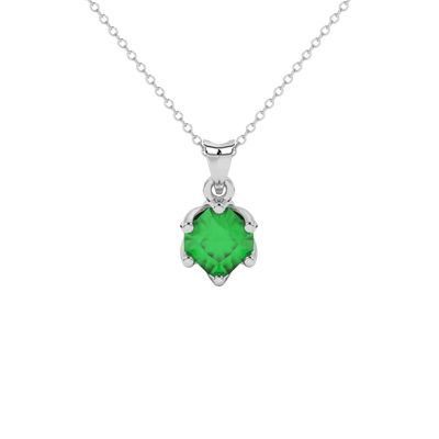 Radiant-cut emerald green gemstone pendant in a white gold scalloped six-prong setting