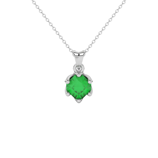 Radiant-cut emerald green gemstone pendant in a white gold scalloped six-prong setting