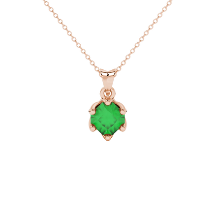 Radiant-cut emerald green gemstone pendant in a rose gold scalloped six-prong setting.