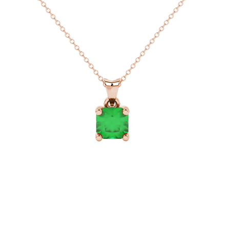 Radiant-cut emerald green gemstone pendant in a rose gold surprise diamond setting.