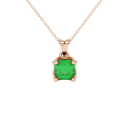 Radiant-cut emerald green gemstone pendant in a rose gold tulip basket setting.